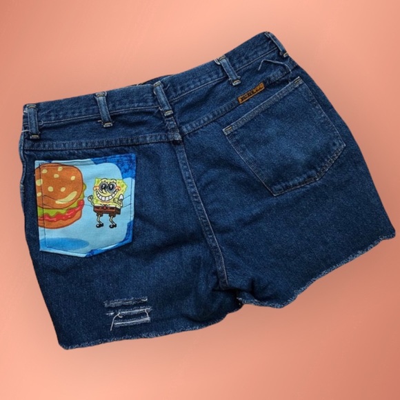 UpCycled Cartoon Pocket Cut Offs Spongebob Square Pants 90's Fabric - Picture 2 of 5